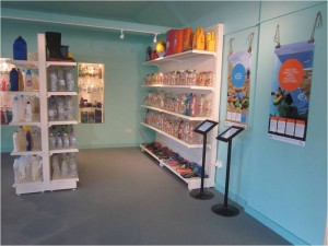 A section of the exhibition with posters and the Super-M-Art installation at Birling Gap Visitor Centre.